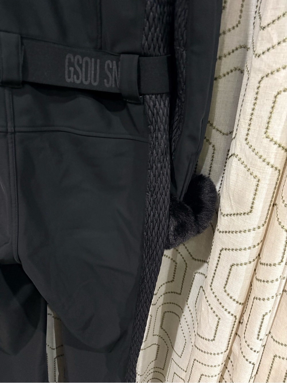 GSOU SNOW Black Faux Fur Shirred Waterproof One-Piece Ski Suit Size L - Picture 13 of 14